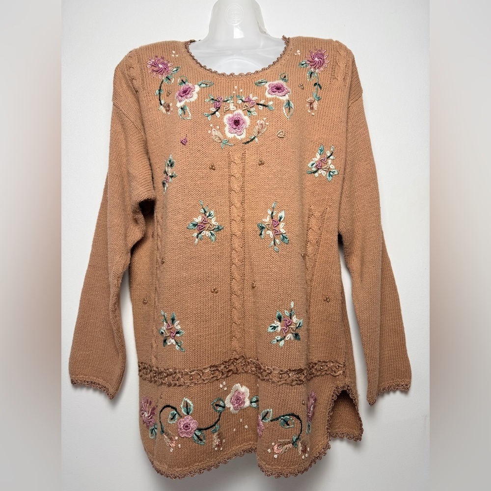 Vintage Cervelle Sweater Womens Medium Brown Ramie Floral Embroidered  Grandma
